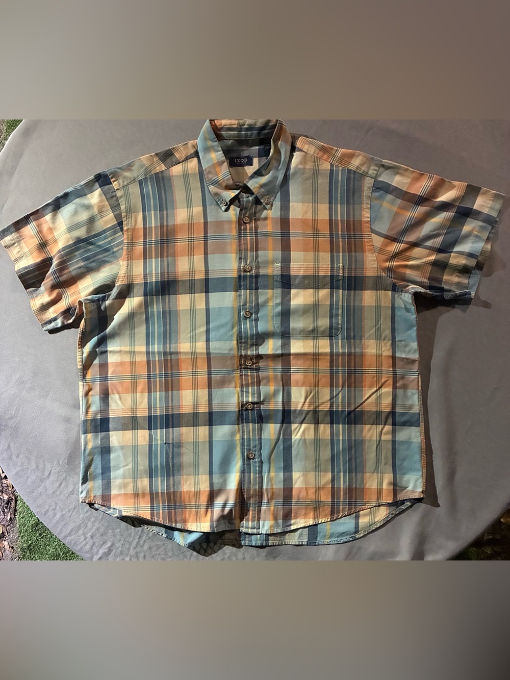 Izod Plaid Short-Sleeve Button-Down in Blue and Tan